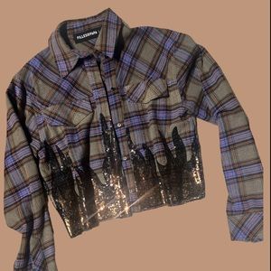 FILLES A PAPÀ french Plaid shirt with flames sequins. New. No flaws. No tags.